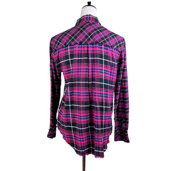 Rails Brock Fuschia Navy Black Plaid Flannel Frayed Long Sleeve Button Up Top - Picture 6 of 15